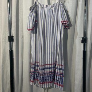 Off-the-shoulder blue and white dress!